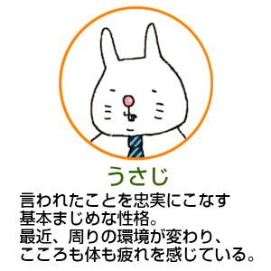 うさじ 言われたことを忠実にこなす基本まじめな性格。最近、周りの環境が変わり、こころも体も疲れを感じている。